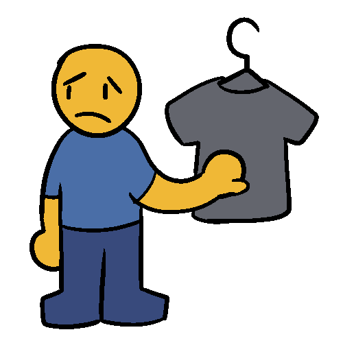 n orange figure touching a gray shirt and looking away, frowning.